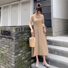 画像をギャラリービューアに読み込む, レトロデザイン感レデイースファッション無地気質着痩せ効果ロングニットワンピース