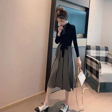 画像をギャラリービューアに読み込む, ニットチェック柄切替ニットワンピースデートワンピースリボン