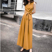 画像をギャラリービューアに読み込む, レデイースファッションVネック気質無袖無地ワイドレッグパンツハイウエスト着痩せ効果オールインワン·サロペットデートワンピース