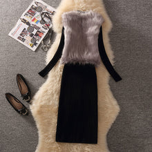 画像をギャラリービューアに読み込む, 三点セット3カラー暖かいファーベスト&無地合わせやすいトップス&ニットスカートセットアップ