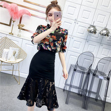 画像をギャラリービューアに読み込む, フリル裾花柄シフォントップス&無地レース切り替えスカート通勤セットアップ