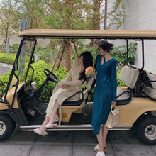 画像をギャラリービューアに読み込む, INSファッションエレガント女性Vネック気質デザインスタイル長袖ロングニットワンピース