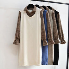 画像をギャラリービューアに読み込む, 5カラー選択チェック柄長袖ニット切り替えゆったり着痩せ効果カジュアルワンピース