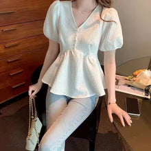 画像をギャラリービューアに読み込む, チェック柄ボタン飾るパフスリーブホワイト無地コーデしやすいシフォンシャツ・ブラウストップス