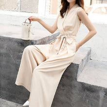 画像をギャラリービューアに読み込む, レデイースファッションVネック気質無袖無地ワイドレッグパンツハイウエスト着痩せ効果オールインワン·サロペットデートワンピース