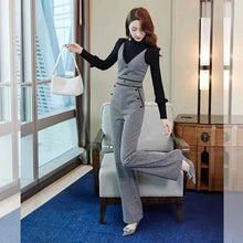 画像をギャラリービューアに読み込む, 黒ニットトップス&チェック柄ジャンプスーツワイドレッグオールインワンセットアップ(ストラップ調節可能)