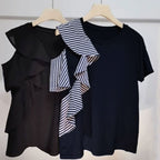 フレア裾半袖Tシャツショルダー開きデザイントップス
