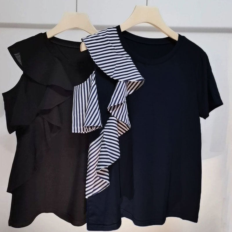 フレア裾半袖Tシャツショルダー開きデザイントップス