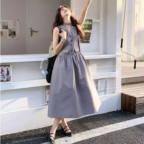 Vネックノースリーブベストワンピース高級感デートワンピース