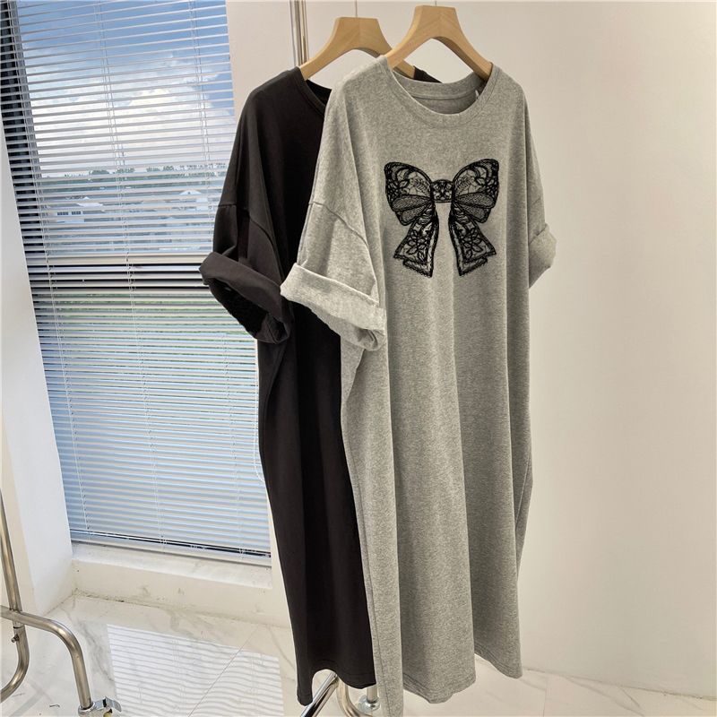 【お得】2カラー選択蝶結びプリント半袖Tシャツワンピースカジュアルワンピース