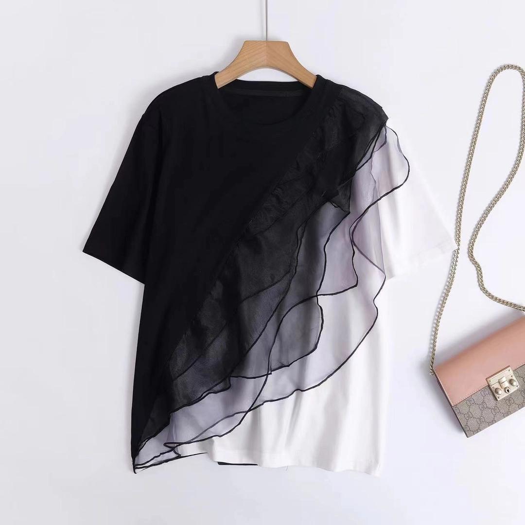 メッシュ配色切替半袖Tシャツトップス