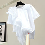 メッシュ花柄フリル裾半袖無地Tシャツトップス