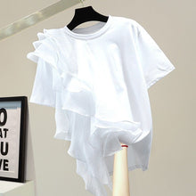 画像をギャラリービューアに読み込む, メッシュ花柄フリル裾半袖無地Tシャツトップス
