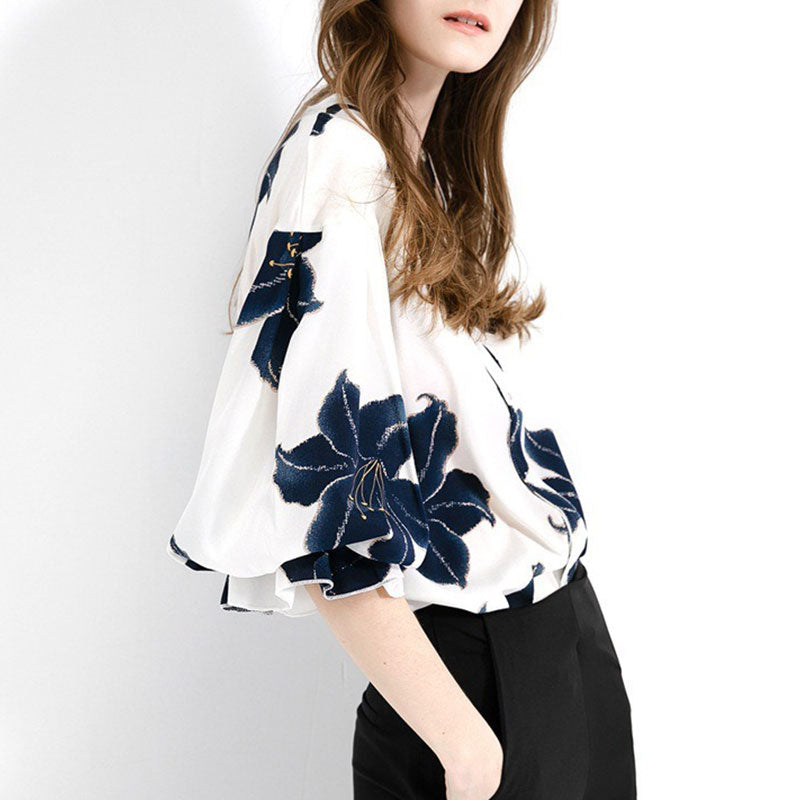 花柄パフスリーブ半袖ブラウストップス