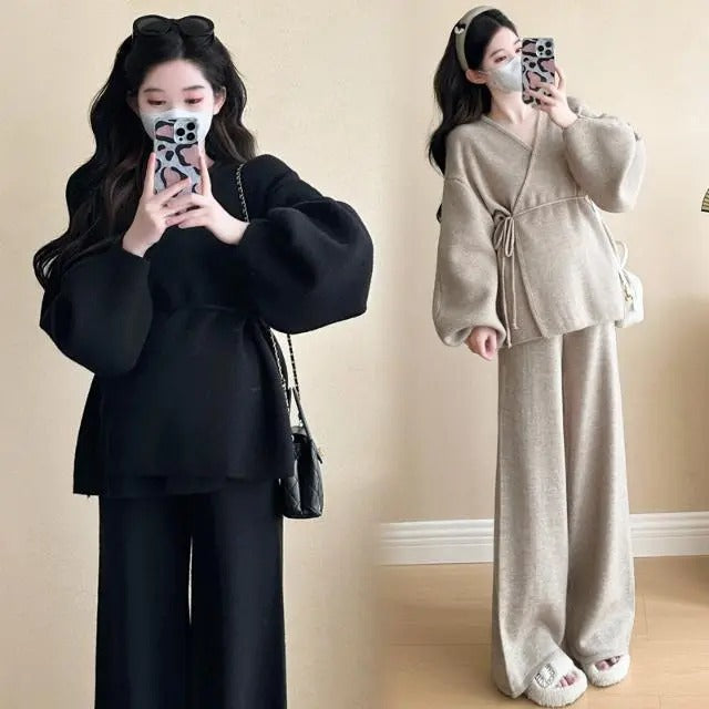 カシュクールデザインニットセーター＆カジュアルニットパンツセットアップ