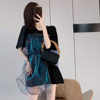 メッシュ切替ブラックTシャツトップス