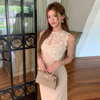 レースタイトミディワンピース レディース ノースリーブ きれいめ 着痩せ 結婚式 パーティー