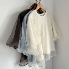 画像をギャラリービューアに読み込む, パフスリーブ半袖メッシュ切替Tシャツトップス
