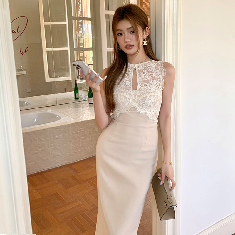 レースタイトミディワンピース レディース ノースリーブ きれいめ 着痩せ 結婚式 パーティー