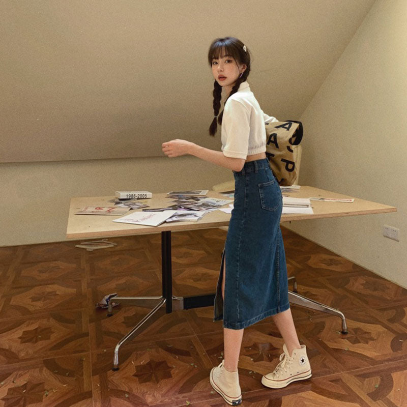 デニムスリットミディスカート レディース ハイウエスト 着痩せ カジュアル通勤