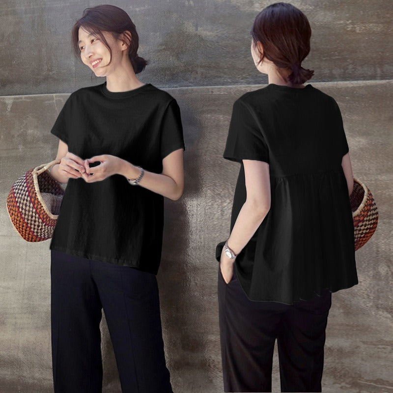 フレア裾切替半袖無地Tシャツトップス