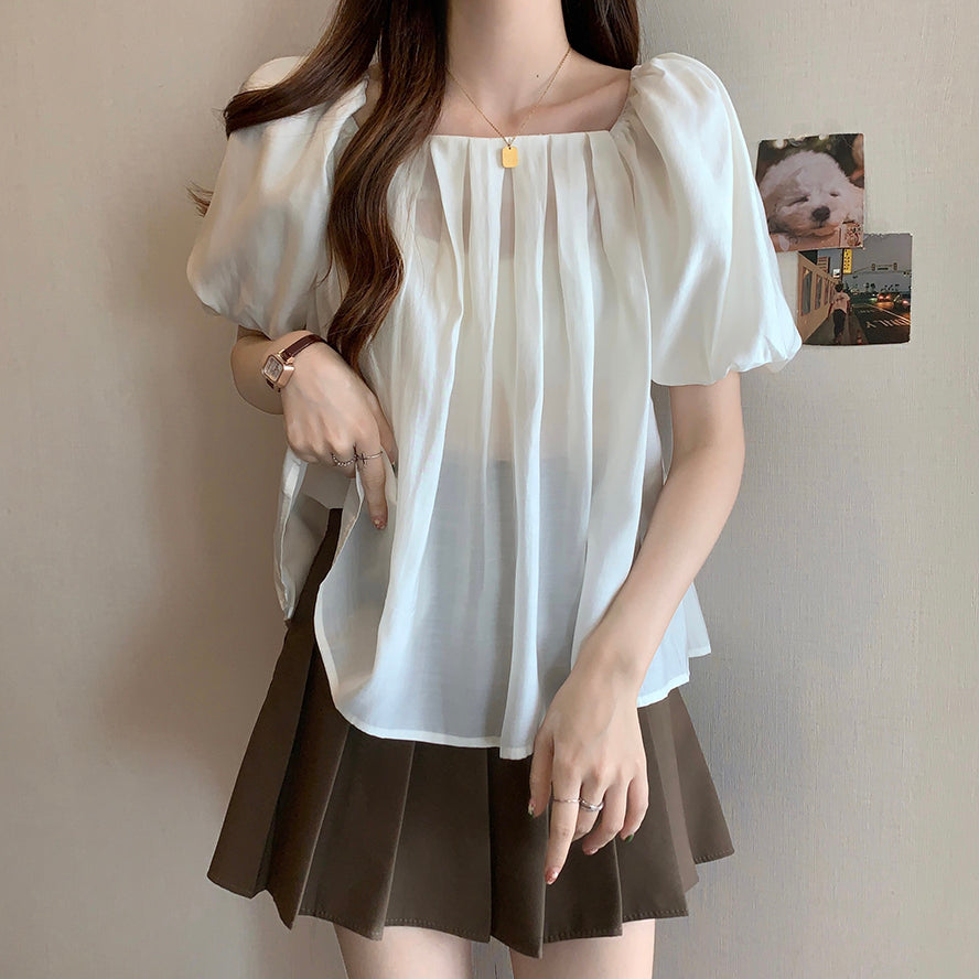 パフスリーブ ブラウス スクエアネック 半袖 ゆったり 体型カバー 3 色展開トップス