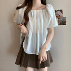 パフスリーブ ブラウス スクエアネック 半袖 ゆったり 体型カバー 3 色展開トップス