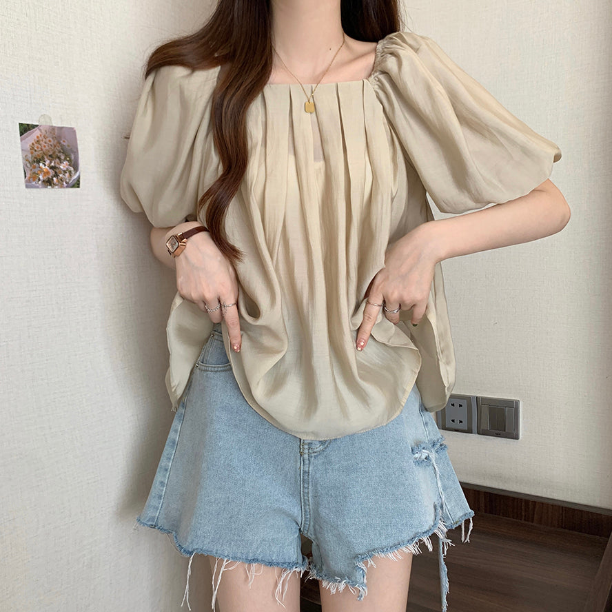 パフスリーブ ブラウス スクエアネック 半袖 ゆったり 体型カバー 3 色展開トップス
