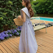 画像をギャラリービューアに読み込む, セーラーカラー ストライプ ワンピース ノースリーブ 爽やか 夏コーデ

