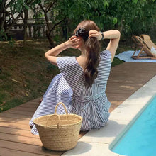 画像をギャラリービューアに読み込む, セーラーカラー ストライプ ワンピース ノースリーブ 爽やか 夏コーデ
