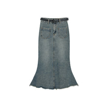 画像をギャラリービューアに読み込む, フレアデニムスカート マキシ丈 裾フリンジ 脚長効果 カジュアル

