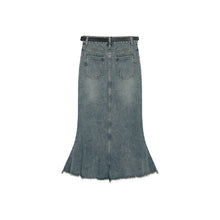 画像をギャラリービューアに読み込む, フレアデニムスカート マキシ丈 裾フリンジ 脚長効果 カジュアル
