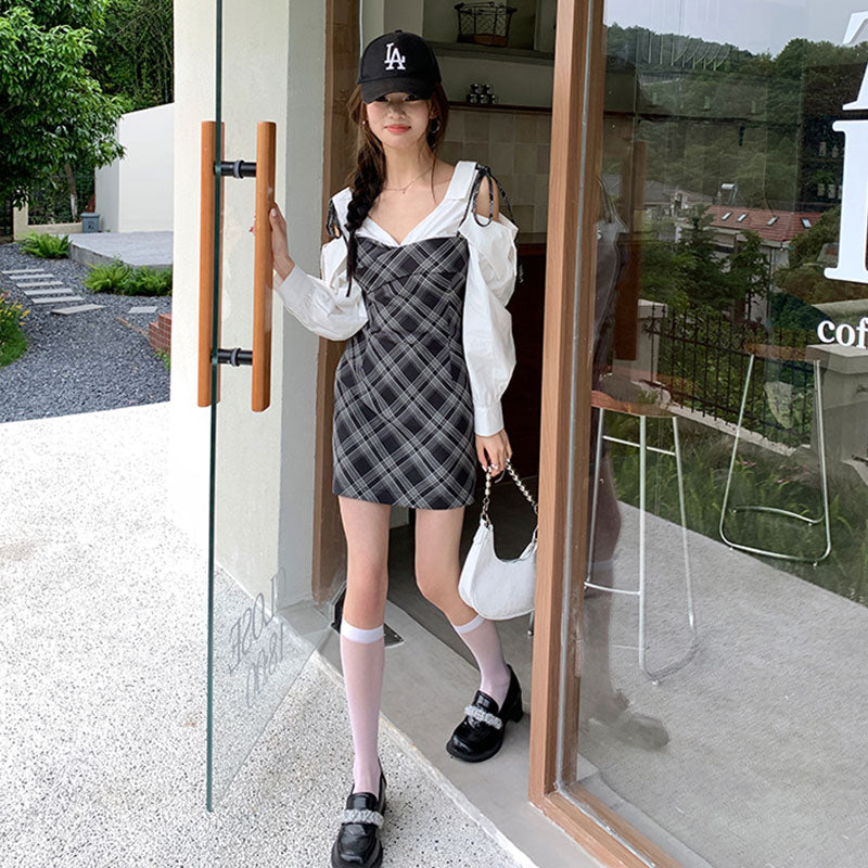 フェイク 2 ピース オフショルダー チェック柄ミニワンピース 長袖 タイトシルエットデートワンピース