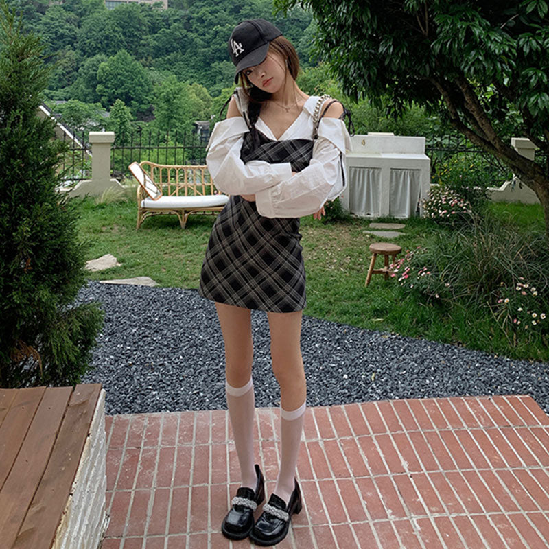 フェイク 2 ピース オフショルダー チェック柄ミニワンピース 長袖 タイトシルエットデートワンピース