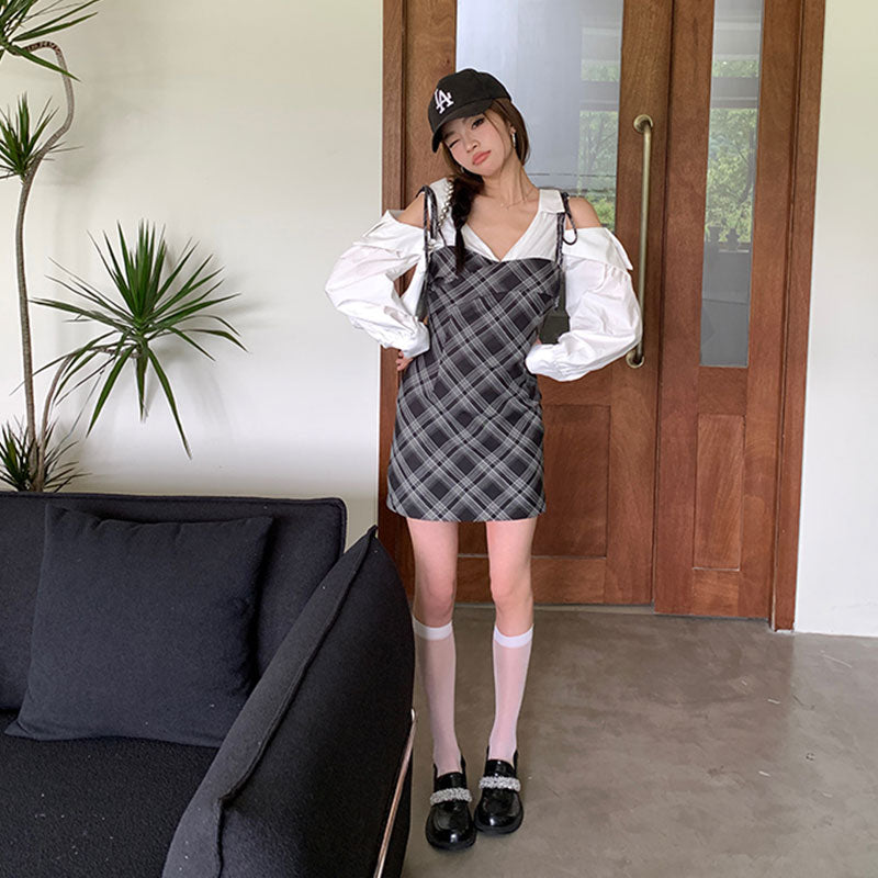 フェイク 2 ピース オフショルダー チェック柄ミニワンピース 長袖 タイトシルエットデートワンピース