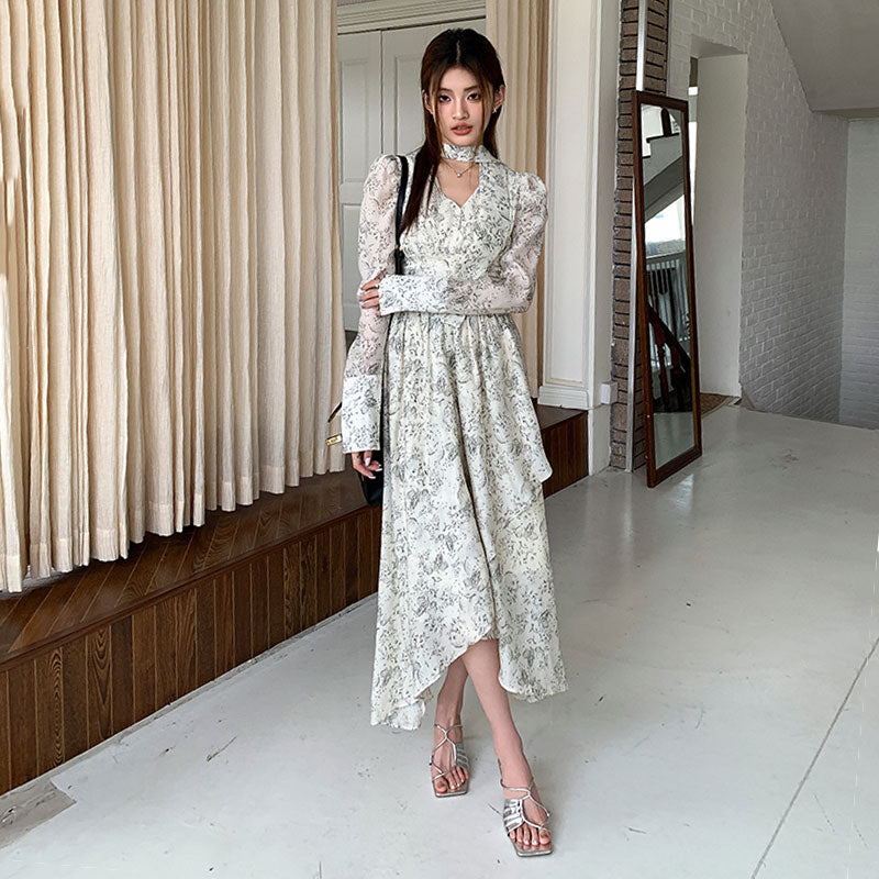 ロング丈/ショート丈花柄シフォン長袖ワンピースネクタイデザインアシンメトリー デート・お出かけ上品コーデデートワンピース