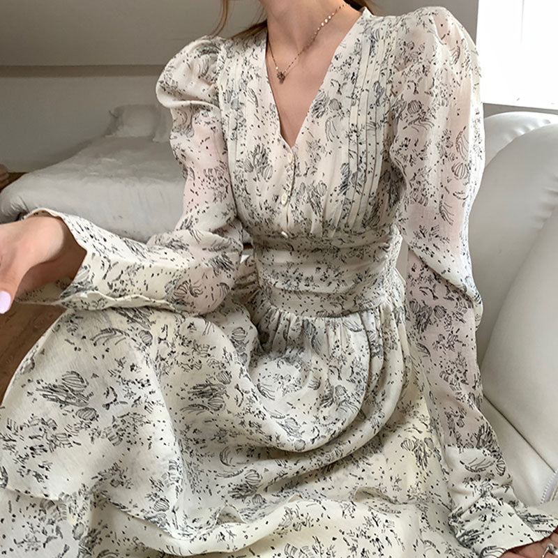 ロング丈/ショート丈花柄シフォン長袖ワンピースネクタイデザインアシンメトリー デート・お出かけ上品コーデデートワンピース