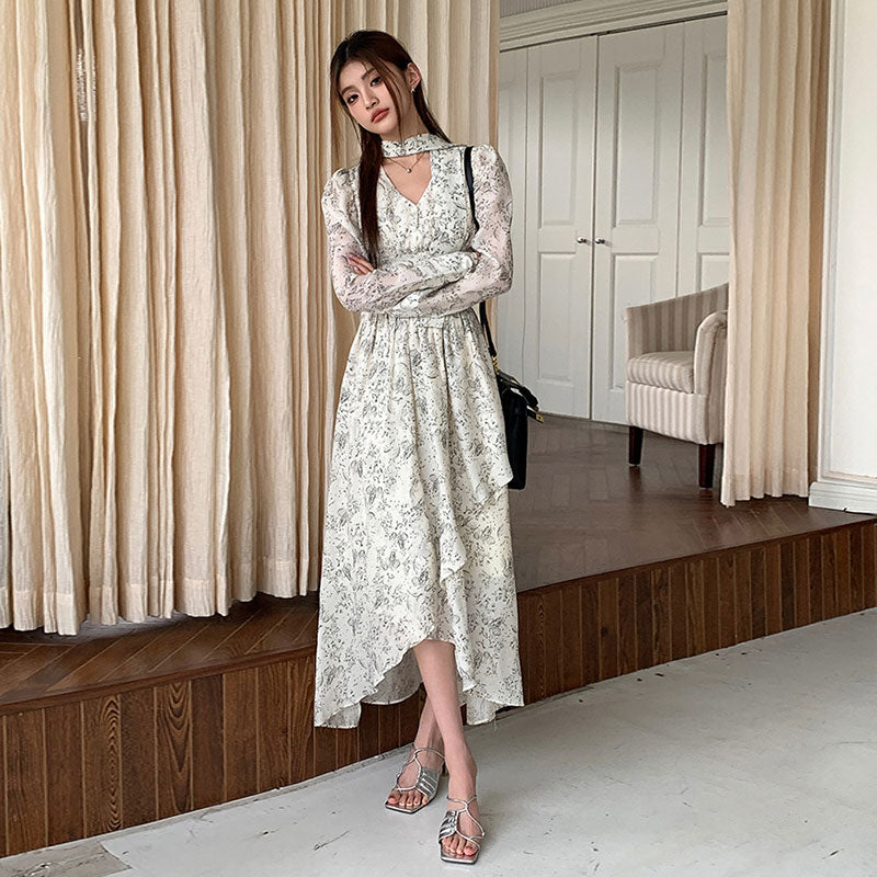 ロング丈/ショート丈花柄シフォン長袖ワンピースネクタイデザインアシンメトリー デート・お出かけ上品コーデデートワンピース