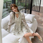 ロング丈/ショート丈花柄シフォン長袖ワンピースネクタイデザインアシンメトリー デート・お出かけ上品コーデデートワンピース