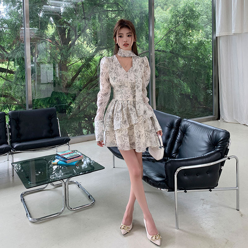 ロング丈/ショート丈花柄シフォン長袖ワンピースネクタイデザインアシンメトリー デート・お出かけ上品コーデデートワンピース