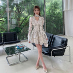 ロング丈/ショート丈花柄シフォン長袖ワンピースネクタイデザインアシンメトリー デート・お出かけ上品コーデデートワンピース