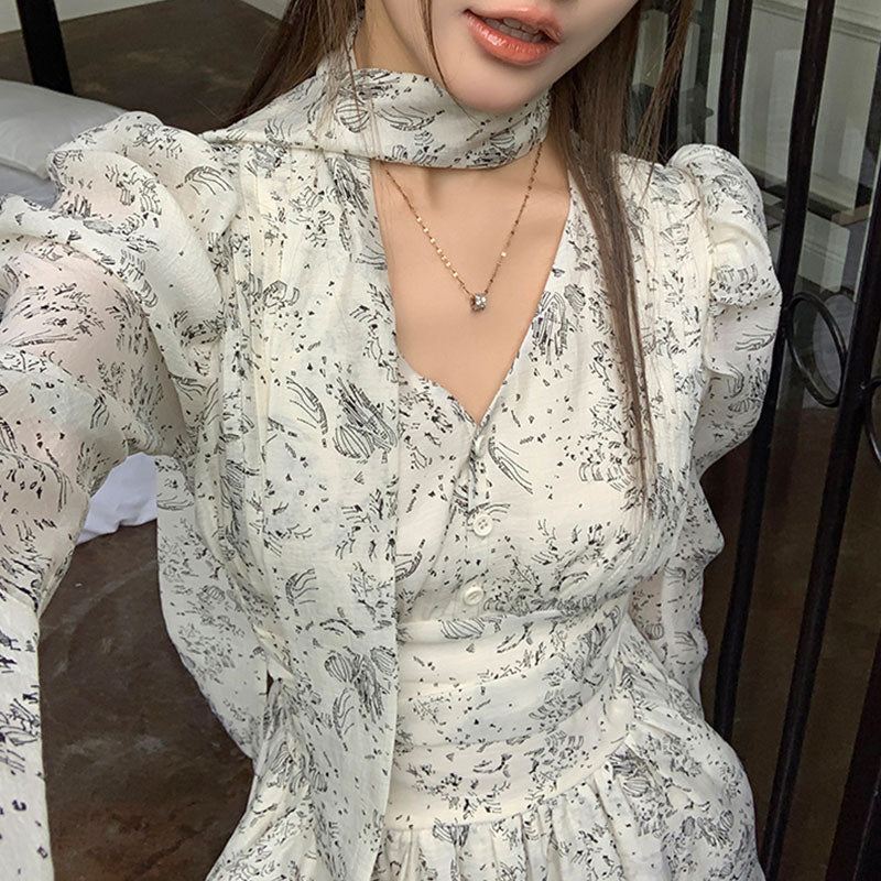 ロング丈/ショート丈花柄シフォン長袖ワンピースネクタイデザインアシンメトリー デート・お出かけ上品コーデデートワンピース