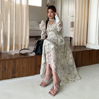 ロング丈/ショート丈花柄シフォン長袖ワンピースネクタイデザインアシンメトリー デート・お出かけ上品コーデデートワンピース