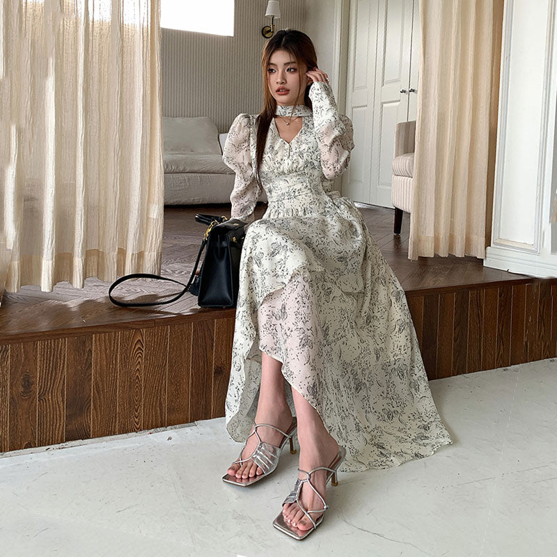 ロング丈/ショート丈花柄シフォン長袖ワンピースネクタイデザインアシンメトリー デート・お出かけ上品コーデデートワンピース