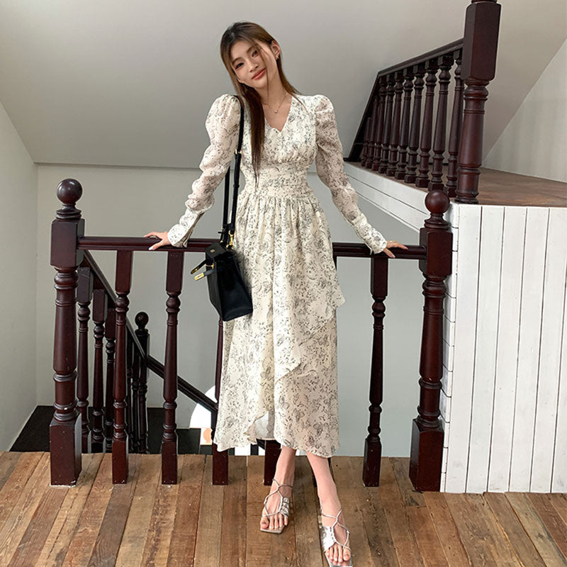 ロング丈/ショート丈花柄シフォン長袖ワンピースネクタイデザインアシンメトリー デート・お出かけ上品コーデデートワンピース