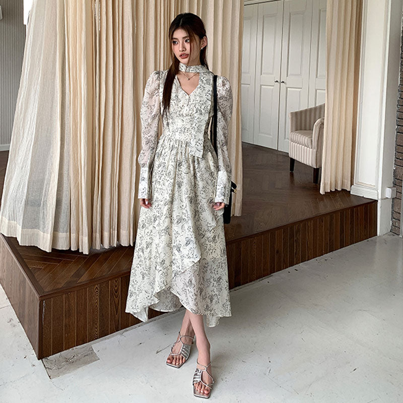 ロング丈/ショート丈花柄シフォン長袖ワンピースネクタイデザインアシンメトリー デート・お出かけ上品コーデデートワンピース