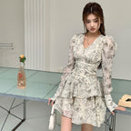 ロング丈/ショート丈花柄シフォン長袖ワンピースネクタイデザインアシンメトリー デート・お出かけ上品コーデデートワンピース