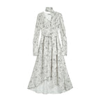 ロング丈/ショート丈花柄シフォン長袖ワンピースネクタイデザインアシンメトリー デート・お出かけ上品コーデデートワンピース