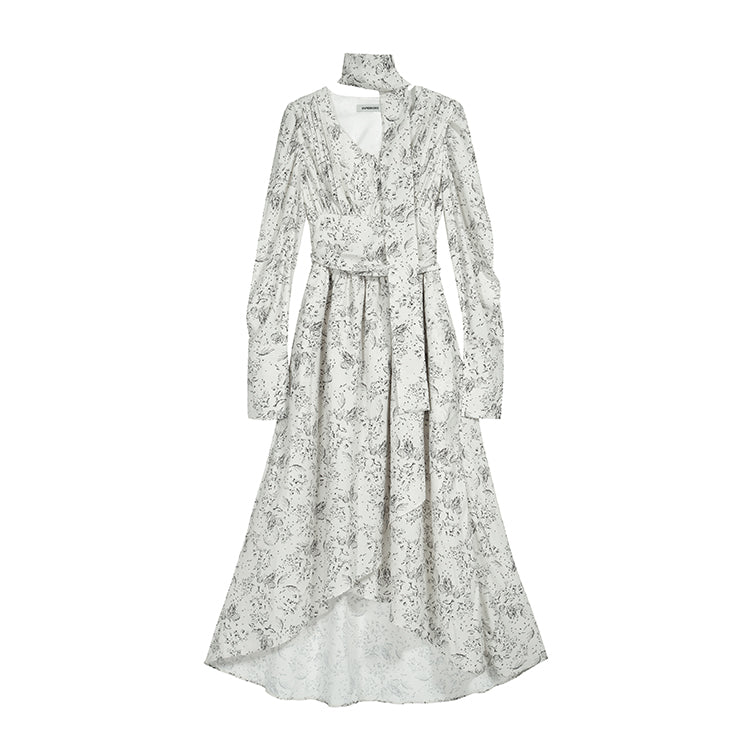 ロング丈/ショート丈花柄シフォン長袖ワンピースネクタイデザインアシンメトリー デート・お出かけ上品コーデデートワンピース