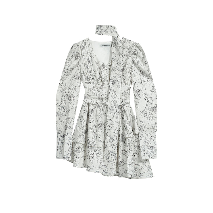 ロング丈/ショート丈花柄シフォン長袖ワンピースネクタイデザインアシンメトリー デート・お出かけ上品コーデデートワンピース